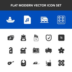 Modern, simple vector icon set with van, food, post, gas, observatory, literature, postage, dessert, security, vehicle, check, letter, library, kitchen, train, file, label, education, bar, mail icons