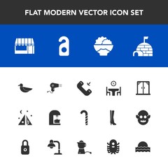 Modern, simple vector icon set with grain, table, rice, igloo, wildlife, tent, lollipop, agriculture, hairdryer, button, home, motel, camp, sweet, grocery, phone, food, call, candy, market, sign icons