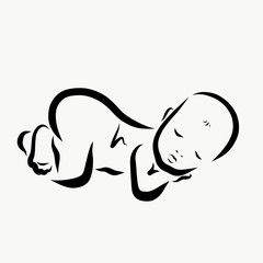 A sleeping newborn baby, a black sketch