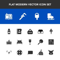 Modern, simple vector icon set with government, sign, red, shop, sport, telephone, literature, reparation, exclamation, machine, house, wine, education, food, icecream, folder, data, banner, bed icons