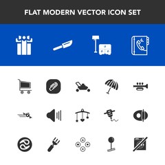 Modern, simple vector icon set with bed, rain, plane, box, baby, gardening, music, airplane, trolley, market, table, up, book, internet, trumpet, mobile, holiday, grass, celebration, present icons