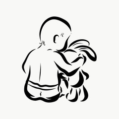 A small child and a plush hare, friendship