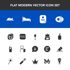 Modern, simple vector icon set with call, phone, meat, cheeseburger, plate, food, identity, mobile, home, child, old, work, burger, location, soap, drink, furniture, fish, bucket, map, kitchen icons