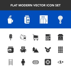 Modern, simple vector icon set with fruit, robot, equipment, calculator, android, tree, technology, elevator, parachute, drink, sky, summer, cyborg, cup, finance, lift, jar, dessert, extreme icons