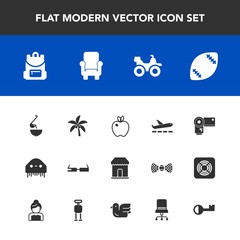 Modern, simple vector icon set with palm, quad, game, football, fiction, food, healthy, airplane, monster, dinner, space, road, airport, modern, shop, soup, bike, american, ball, smart, apple icons