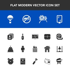 Modern, simple vector icon set with identity, cake, sign, business, sweet, drawer, dessert, fashion, banner, heart, message, conditioner, bbq, mail, envelope, parachuting, brush, pulse, id, oven icons