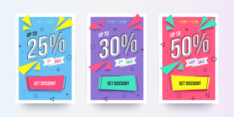 Trendy flat geometric vector banner set. Vivid banners in retro poster design style. Vintage shapes. Modern neon colors: magenta, cyan and purple. Sale labels with discount numbers.