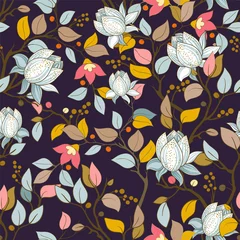Schilderijen op glas Colorful floral pattern. Vector wallpaper with big illustration flowers. Hand drawn plants, magnolia © sunny_lion