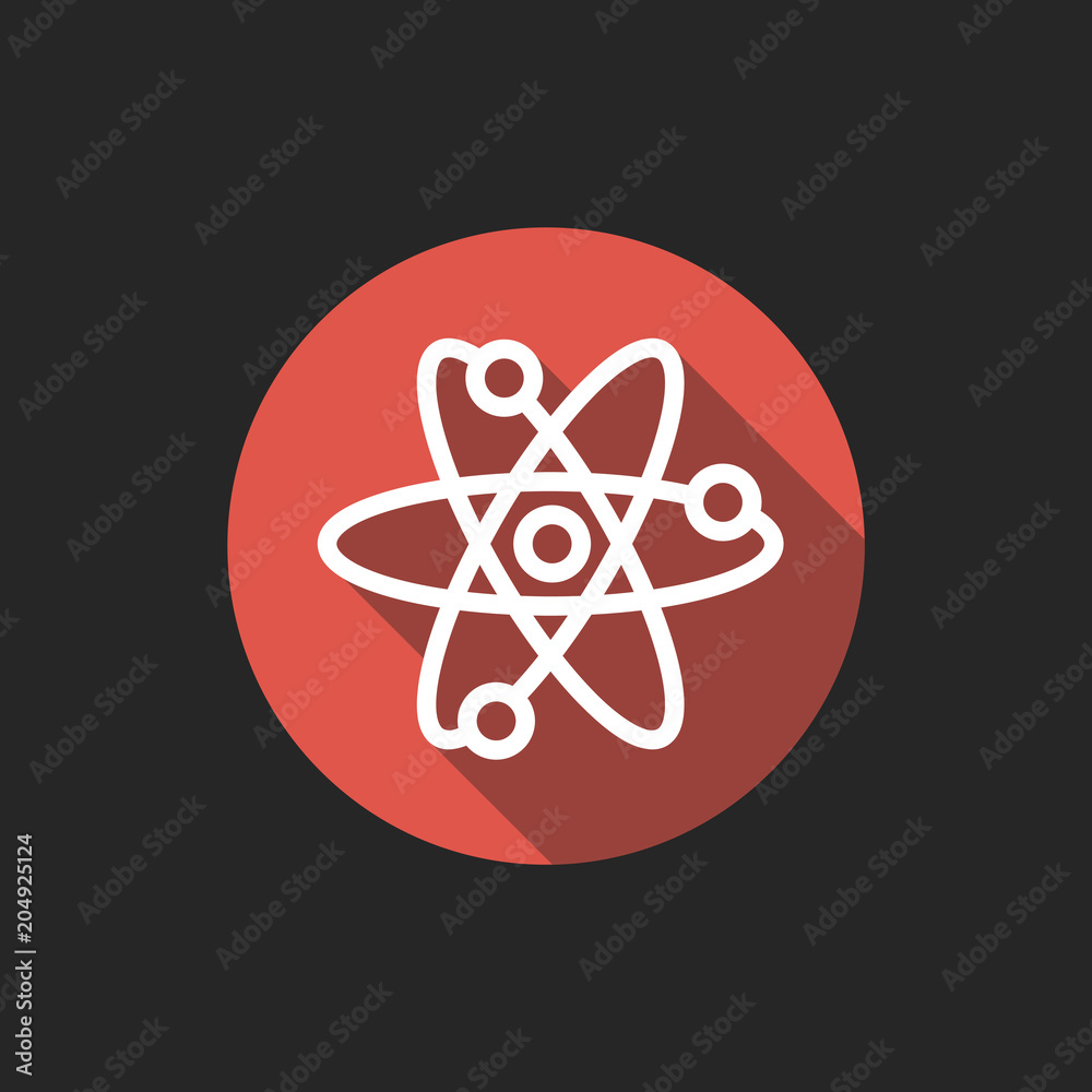 Poster elegant universal white minimalistic thin line atom icon with shadows on circular color button on bl