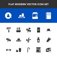 Modern, simple vector icon set with spoon, avatar, headwear, store, refrigerator, fridge, satellite, spray, bag, tool, roller, notebook, shop, sign, paint, remove, roll, food, planet, cleaner icons