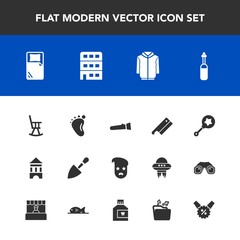 Modern, simple vector icon set with technology, sale, furniture, tower, price, house, child, architecture, medicine, flashlight, lamp, bed, hygiene, sign, chair, rattle, newborn, mouthwash, axe icons