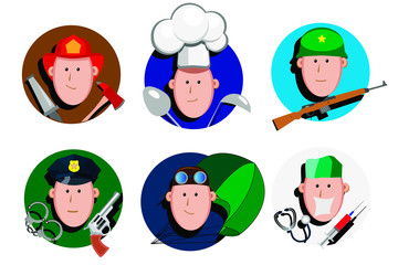 Icons of professions fireman cook military policeman pilot cook uniform