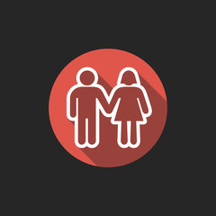 Elegant Universal White Minimalistic Thin Line Couple in Love Icon with Shadows on Circular Color Button on Black Background 