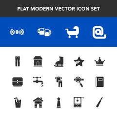 Modern, simple vector icon set with beer, water, faucet, crown, well, royal, sink, alcohol, pub, game, shirt, carriage, bow, message, king, bucket, tap, baby, envelope, mail, chess, sale, pants icons