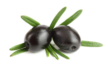 whole black olives with rosemary leaf isolated on white background macro