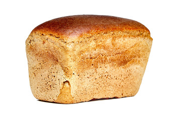 Brown brewed bread from a mixture of rye and wheat flour in the form of brick, isolated on white background
