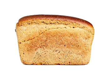 Brown brewed bread from a mixture of rye and wheat flour in the form of brick, isolated on white background