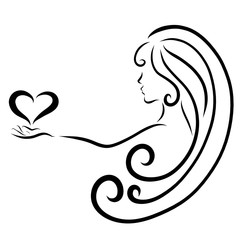 Girl with long hair, with a heart in her hands