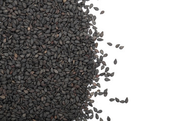 Black sesame seeds with copy space for your text isolated on white background top view