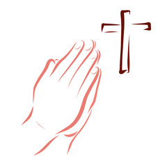Man prays to God, cross and hands