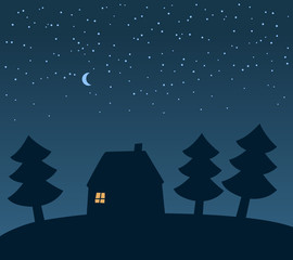 Night scene: small house among fir trees at night, under the moon, vector