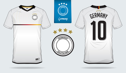 Fototapeta premium Set of soccer jersey or football kit template design for Germany national football team. Front and back view soccer uniform. Football t shirt mock up. Vector Illustration