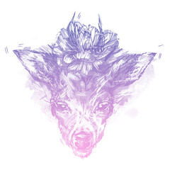 Obraz premium A young deer with horny horns on which peonies are planted. Illustration. Design a tattoo, a symbol of mystical magic for your use.