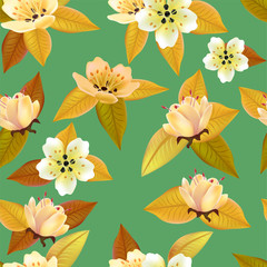 Fototapeta na wymiar Seamless spring background with white flowers with green and yellow leaves