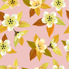Fototapeta na wymiar Seamless spring background with white flowers with green and yellow leaves