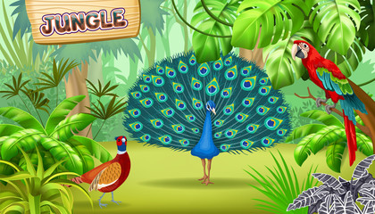 Poster tropical jungle and birds. Game landscape scene.  Vector illustration.