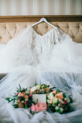 Wedding rings in a box with flowers. Accessories for wedding ceremony. 