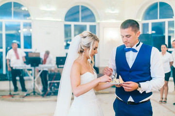 Fototapeta premium Newlyweds cutting their delicious wedding cake. Wedding restaurant reception hall. Bride and groom stay near they wedding cake in peach color.
