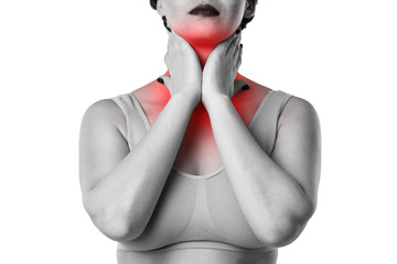 Sore throat, woman with pain in neck, isolated on white background
