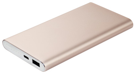 Rose gold power bank isolated on white background.