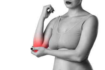 Woman with pain in elbow, joint inflammation