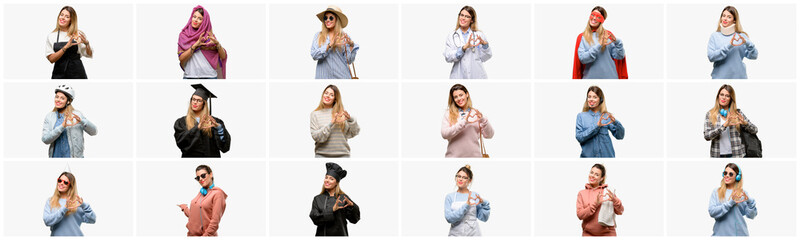 Cool woman, different professions happy showing love with hands in heart shape expressing healthy and marriage symbol