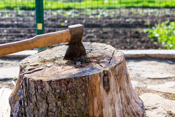 Axe blade in the wood, axe for chopping wood