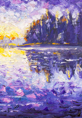 Morning on the river. Sunrise water. Sunset over the river. Reflection in water fragment texture backgroud Blue violet art illustration impressionism artwork. Close-up fragment Oil painting on canvas