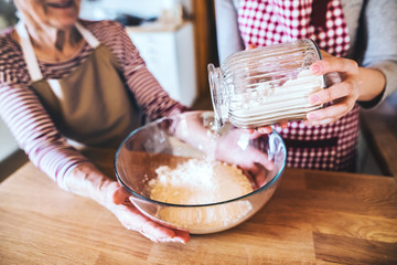 An elderly grandmother with an adult granddaughter at home, baking.