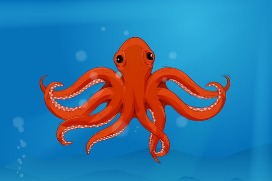 Red octopus in blue water. Colored drawing