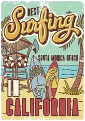 Surfing theme poster or t-shirt with hand drawn illustrations