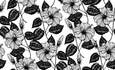 Seamless vector pattern with hand drawn hibiscuses in black and white.