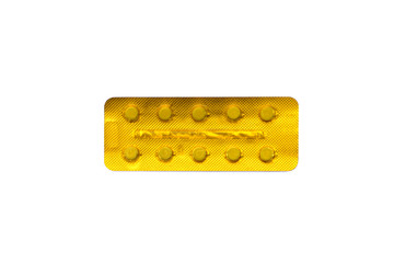 Tablets in amber blister package, on white background.
