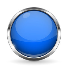 Blue button with chrome frame. Round glass shiny 3d icon