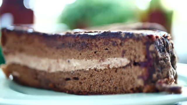 Piece og dark delicious chocolate cake on plate on table