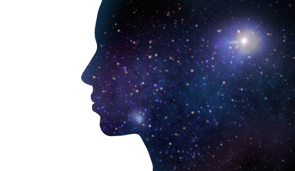 mindfulness and harmony concept - black silhouette of woman over ultra violet space background