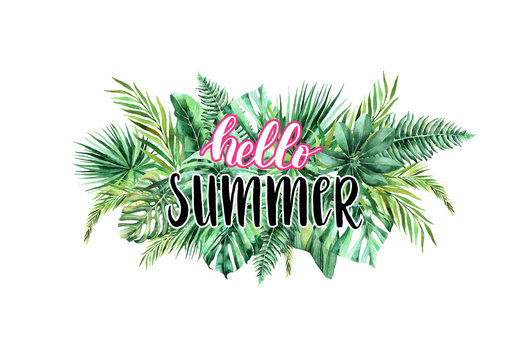 Hello summer. calligraphic inscription on a tropical background. watercolor tropical leaves