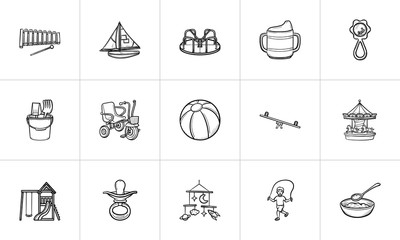 Kids toys and supplies hand drawn outline doodle icon set for print, web, mobile and infographics. Infant newborn baby theme vector sketch illustration set isolated on white background.