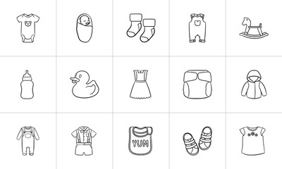Kids clothes and accessories hand drawn outline doodle icon set for print, web, mobile and infographics. Infant newborn baby theme vector sketch illustration set isolated on white background.