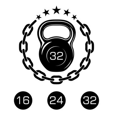 Athletic kettlebell with a metal chain and stars. Sports equipment icons for graphic design of logo, emblem, symbol, sign, badge, label, stamp, isolated on white background. Vector illustration.